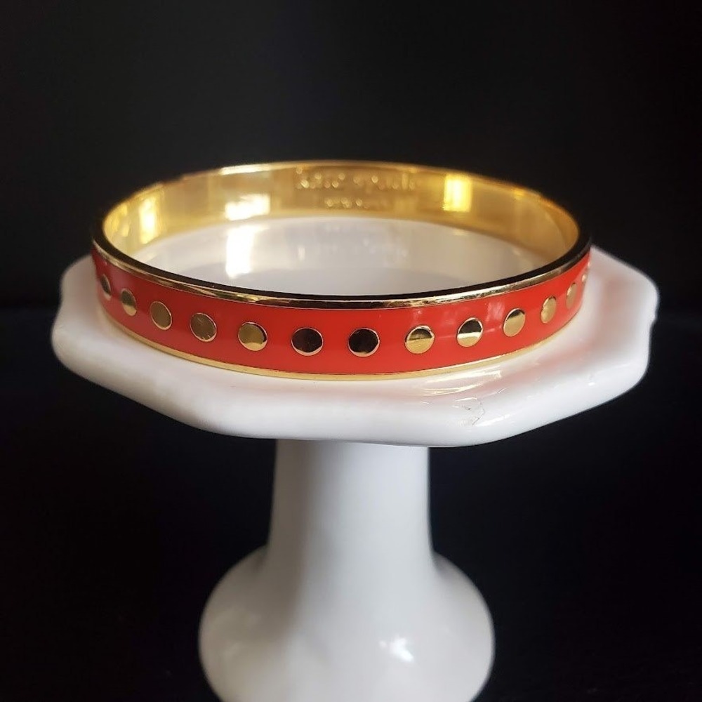 Kate Spade Penny For Your Thoughts Orange Enamel Gold Polka Dot Bangle Bracelet